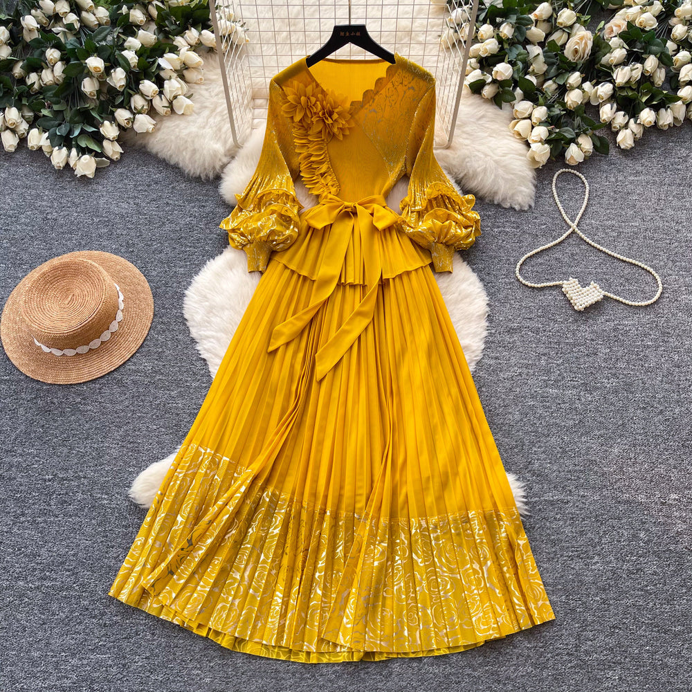 Dopamine yellow lantern sleeve french a-line dress - women's spring v-neck waist-cinching pleated maxi dress - high-end elegant style
