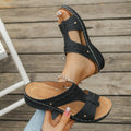 summer retro cross-border round toe slip-on sandals women's stitching wedge heel cut outplus size metal sandals