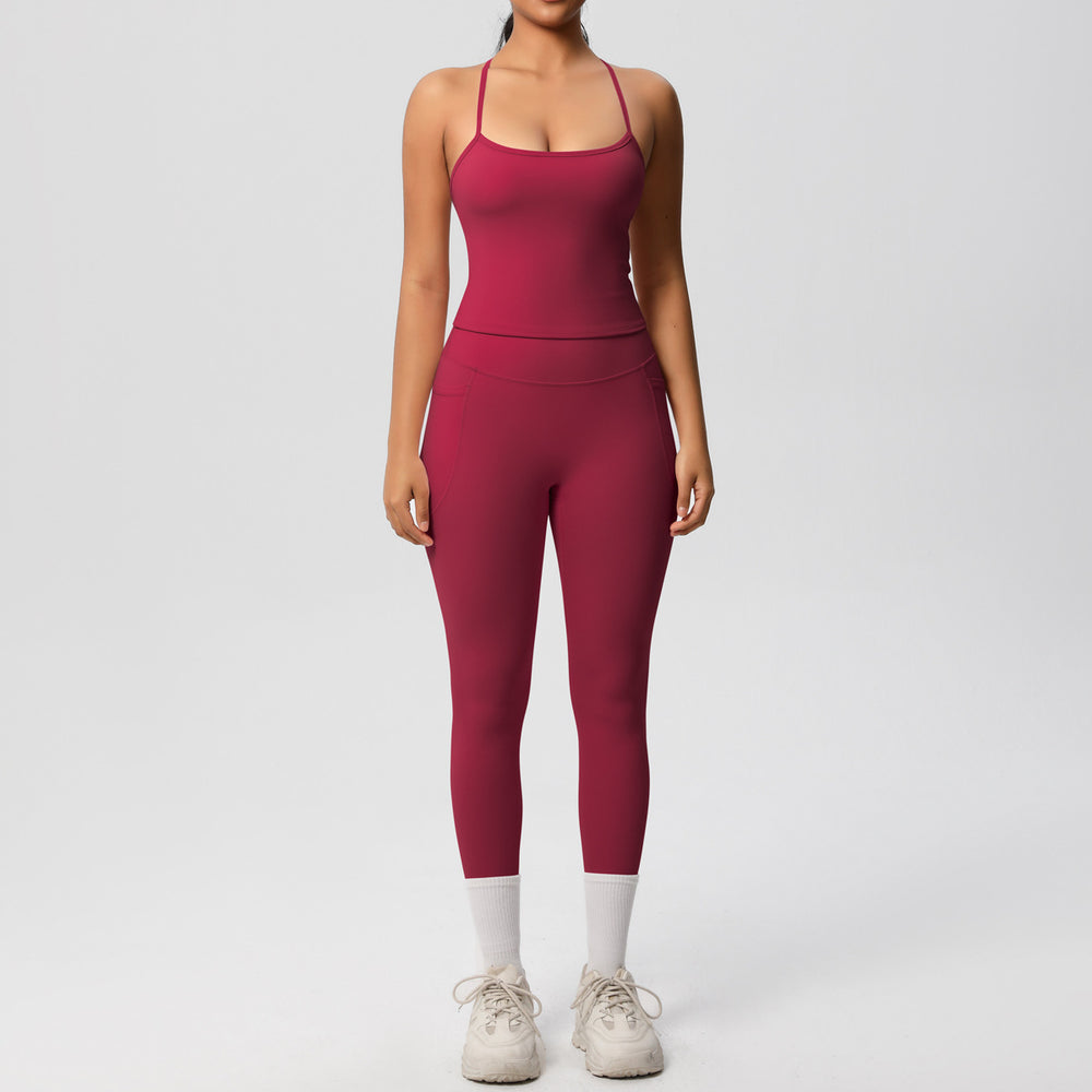 New arrivalpure color sling beautiful back yoga clothes hip pocket tights sports suit cloud-like quick-drying fitness clothes for women