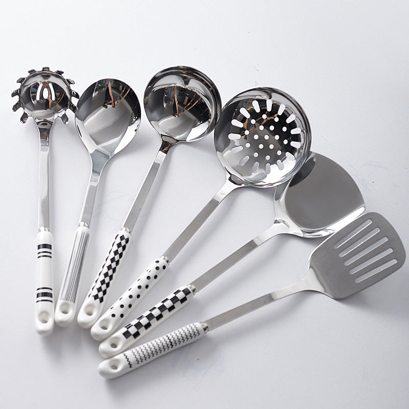 Stainless steel kitchen utensil set - includes spatula, ceramic & stainless steel stir-fry spatula, hot pot ladle, and complete kitchen cooking set