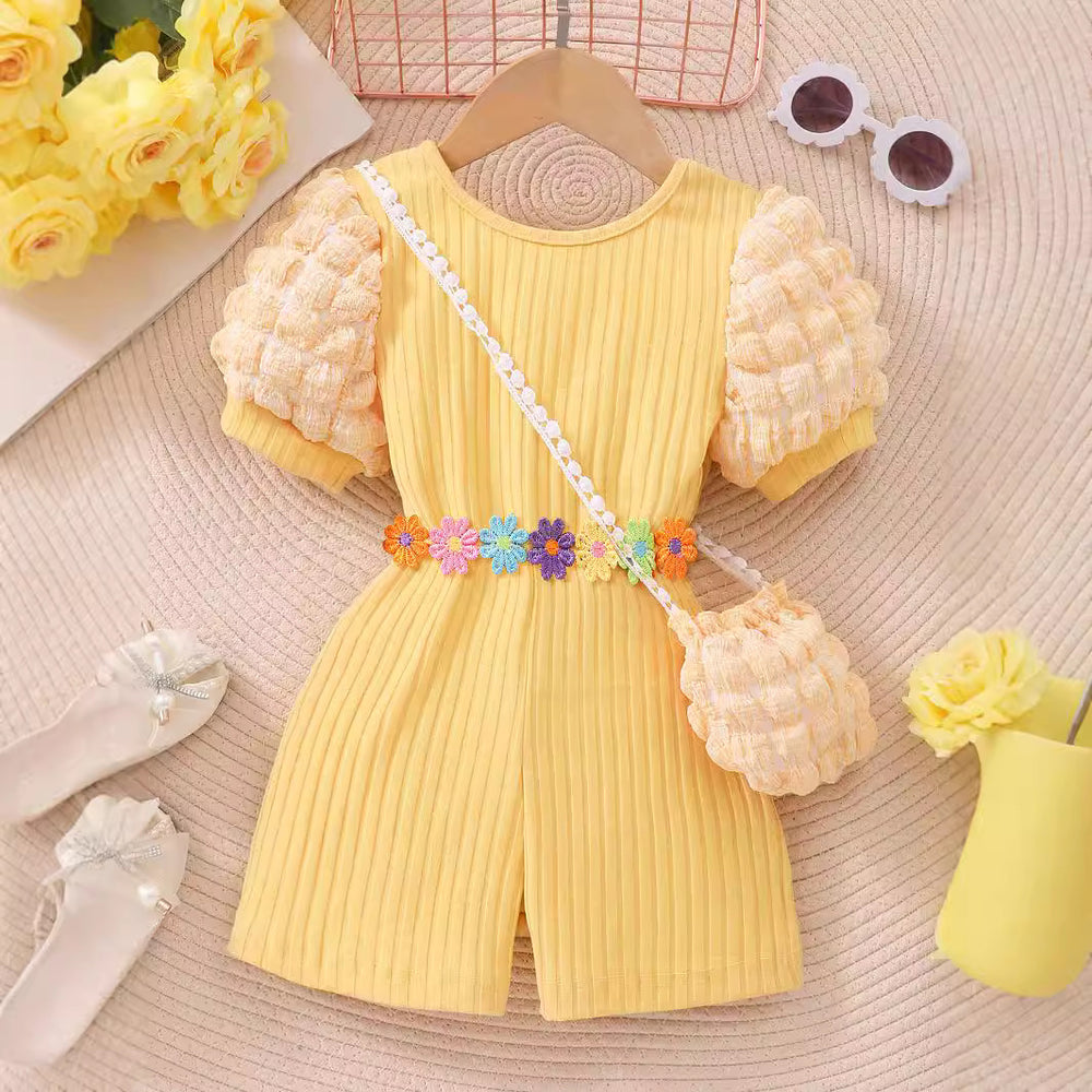 Kids' bubble sleeve ribbed romper with criss-cross back and matching bag