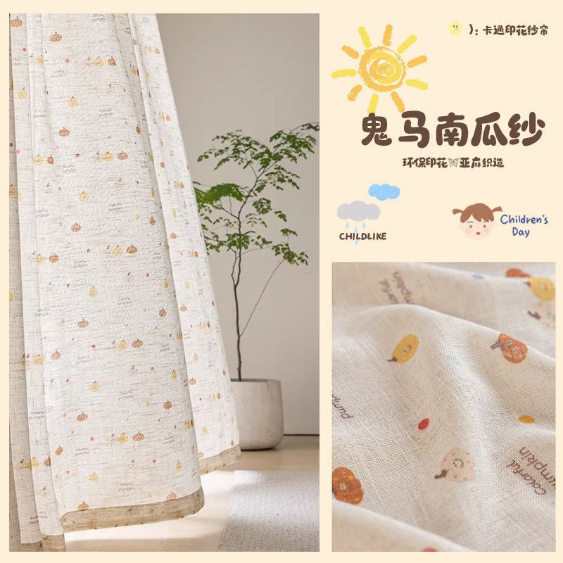 2026 new children's room curtains - cute pumpkin dopamine print linen candy bean cream bay window bedroom sheer curtains