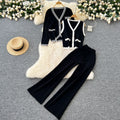 Xiaoxiangfeng age-reducing suit women's retrocontrast colorv neck sleeveless vest + long sleevesknittingoutwear + loose pants