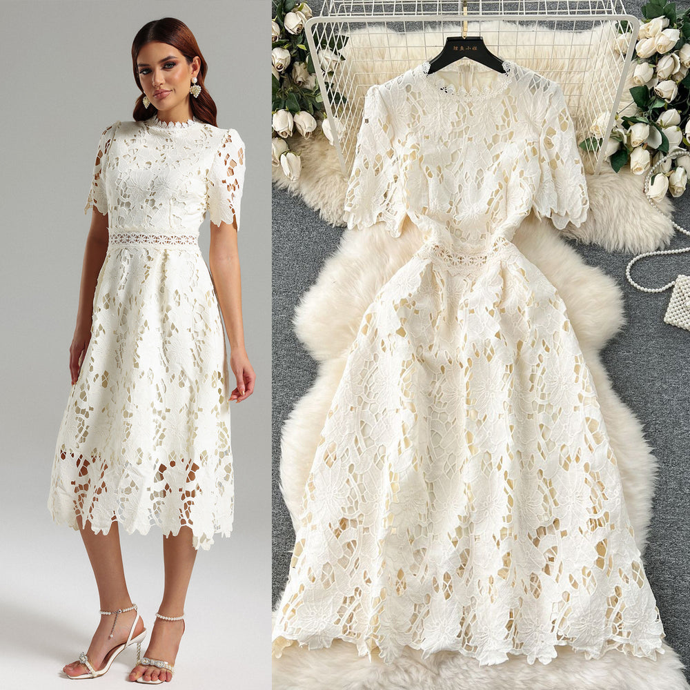Early spring dress 2024 new women's spring and autumn heavy water-soluble lace cut out airy longdress vacation dress