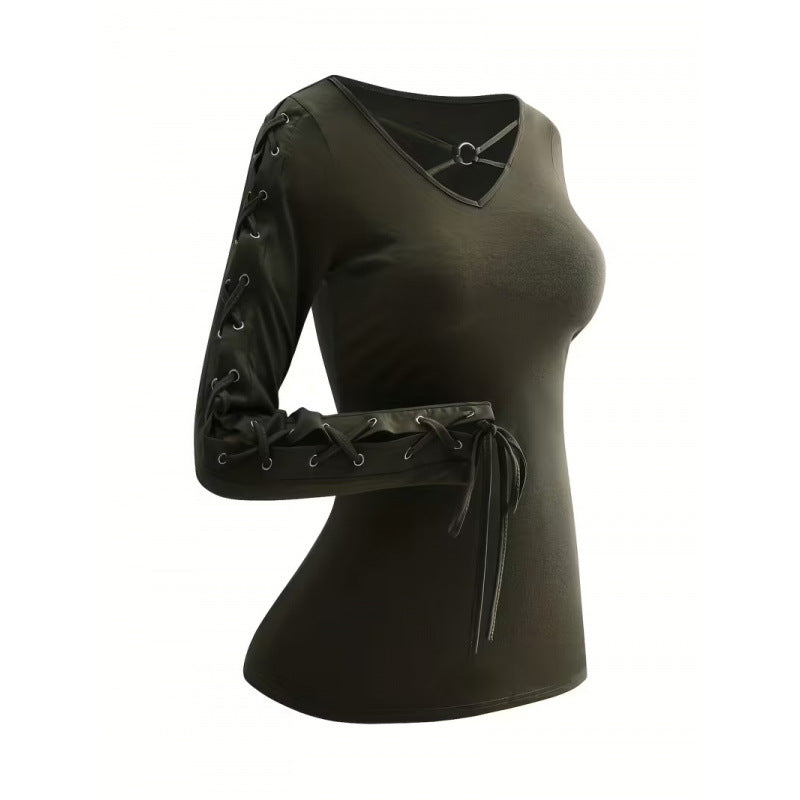 autumn fashion top: harajuku-style, solid color, trendy, hollow-out long sleeve tee - cross-border apparel