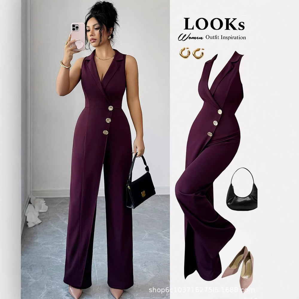 fashion women's clothing:  new summer v-neck solid color sexy jumpsuit