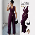 fashion women's clothing:  new summer v-neck solid color sexy jumpsuit
