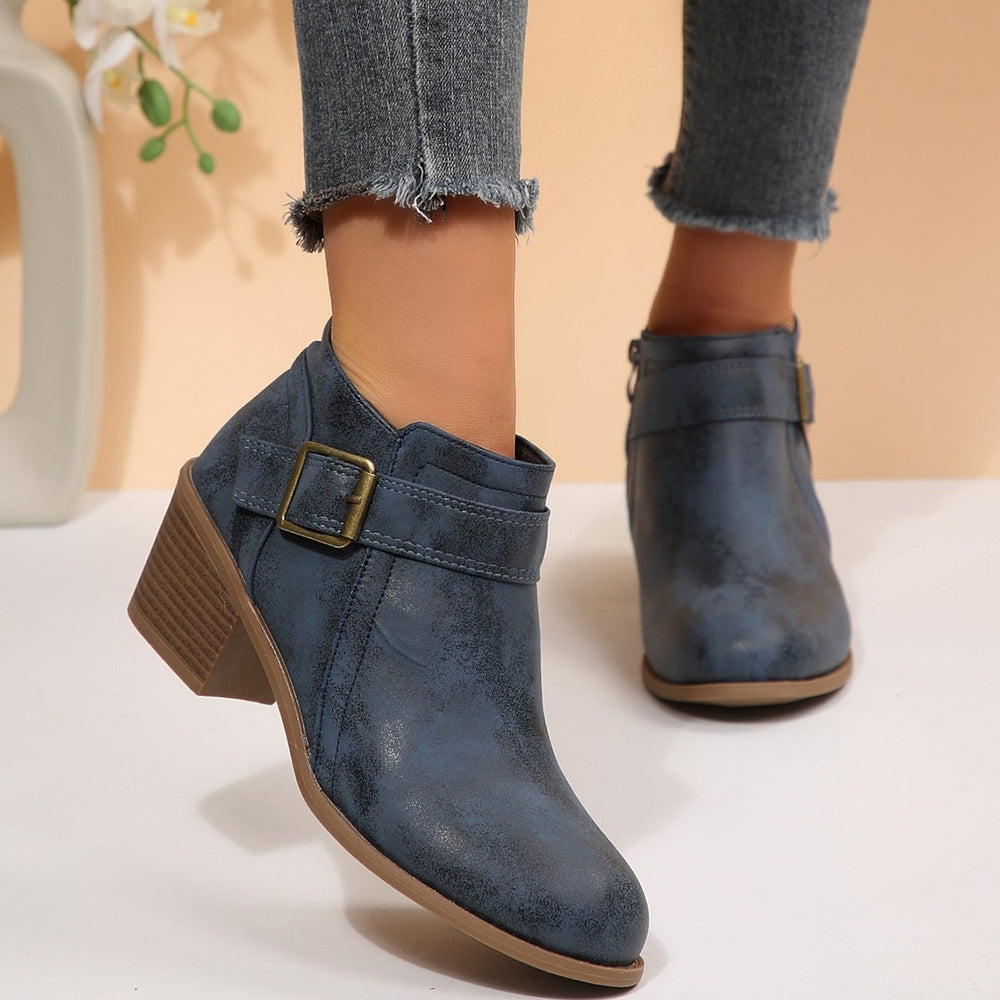 Plus size leather belted mid-heel ankle boots -  autumn new collection - pointed toe, side zipper, chunky heel, retro martin boots for women
