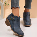 Plus size leather belted mid-heel ankle boots -  autumn new collection - pointed toe, side zipper, chunky heel, retro martin boots for women