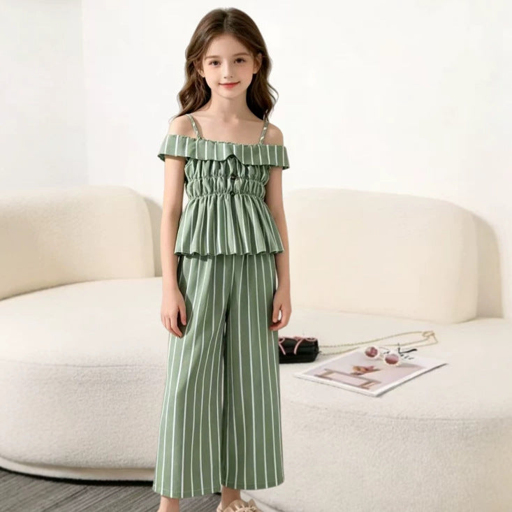 Girls' outfit  summer new arrival: striped two-piece set - tank top & wide-leg pants, european & american fashion style