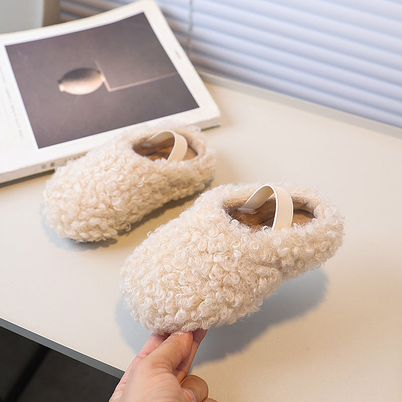 Vancahao girls' winter fleece-lined lambswool outdoor cotton shoes  korean style children's warm half-slipper fuzzy shoes