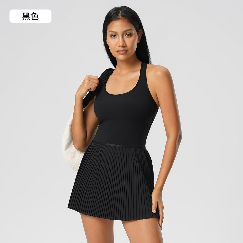 New women's backless sports dress with built-in bra pads, yoga tank dress, cool & breathable tennis pleated skirt d25028