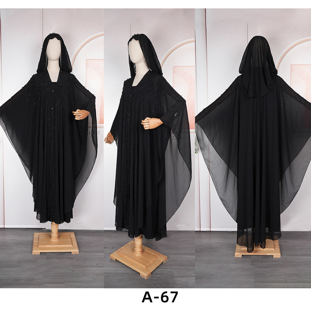 e-commerce black beaded robe african plus size women's hooded two capsules button bat sleeve dress