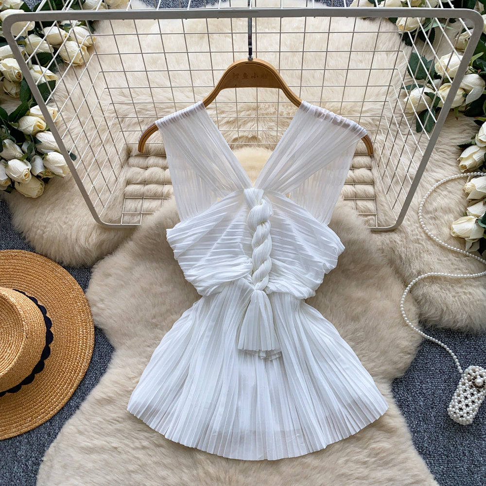 French pleated work clothing style halter suspender women's summer silmslimming look hot girl eleganttopsclassy sense vest