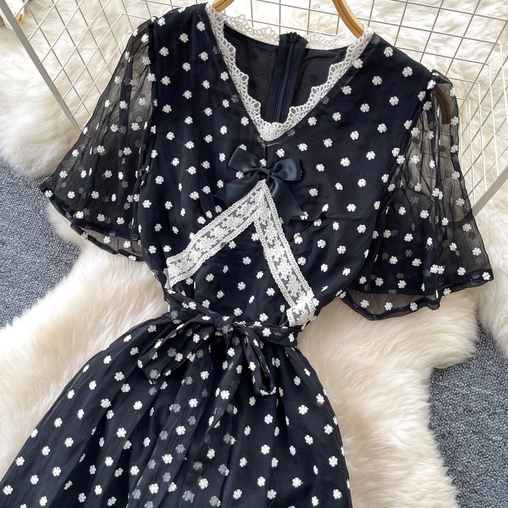Ladies style black polka dot mesh dress women's summerv neck short sleeve high waistslimming look a-line long skirtelegant