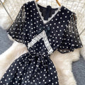 Ladies style black polka dot mesh dress women's summerv neck short sleeve high waistslimming look a-line long skirtelegant