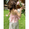 European and american women's clothing  summer new sweet and elegant pink girly ruffle trim strappy backless tank top