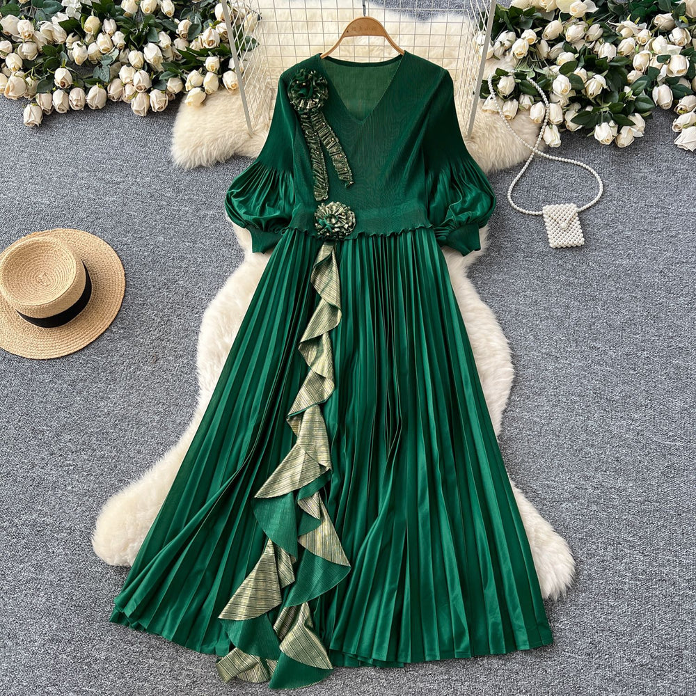 European and american style high-end women's autumn dress with ruffle trim, loose fit, and elegant flared skirt