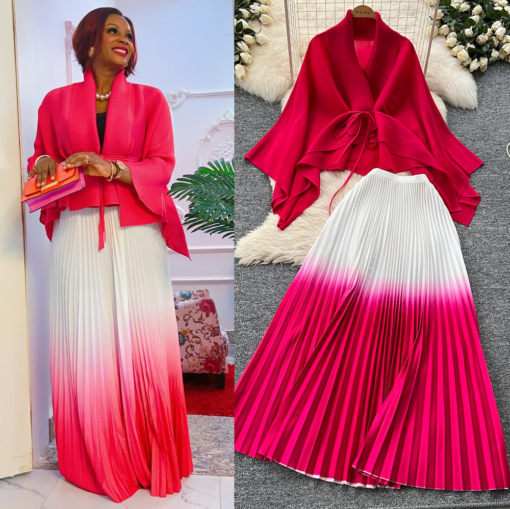 Miya pleated butterfly sleeve gradient tie back shawl short outweartops+gradient pleated skirt two-piece set