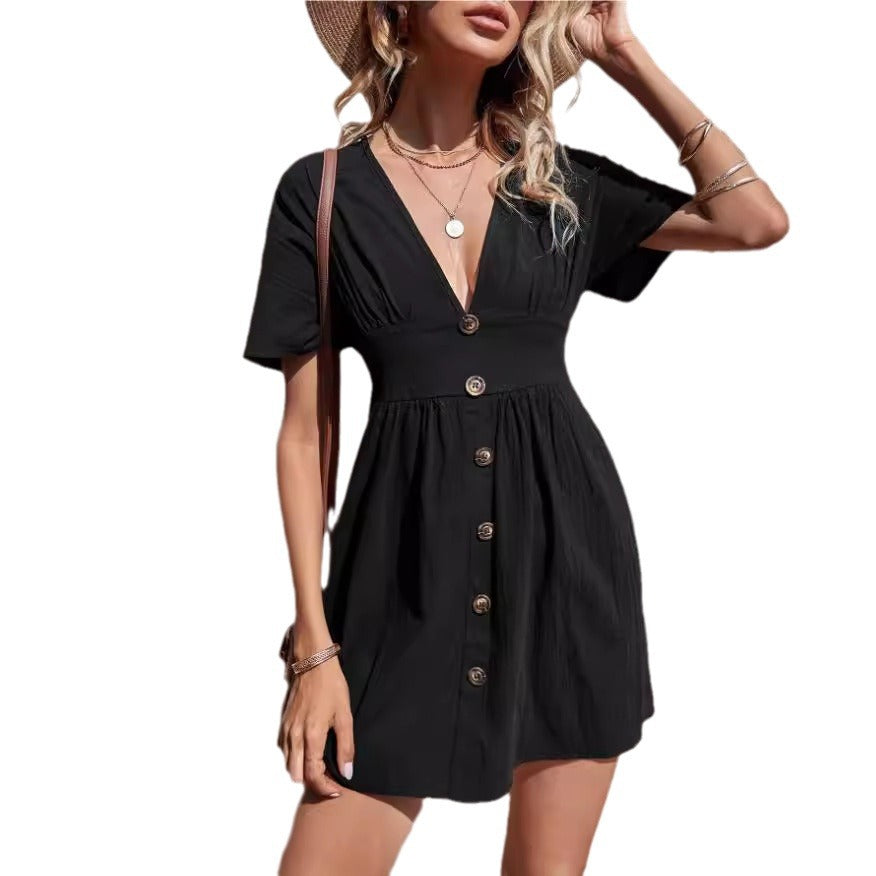 European and american cross-border    hot selling summer v-neck new slim-fit solid color waist-cinching women's dress