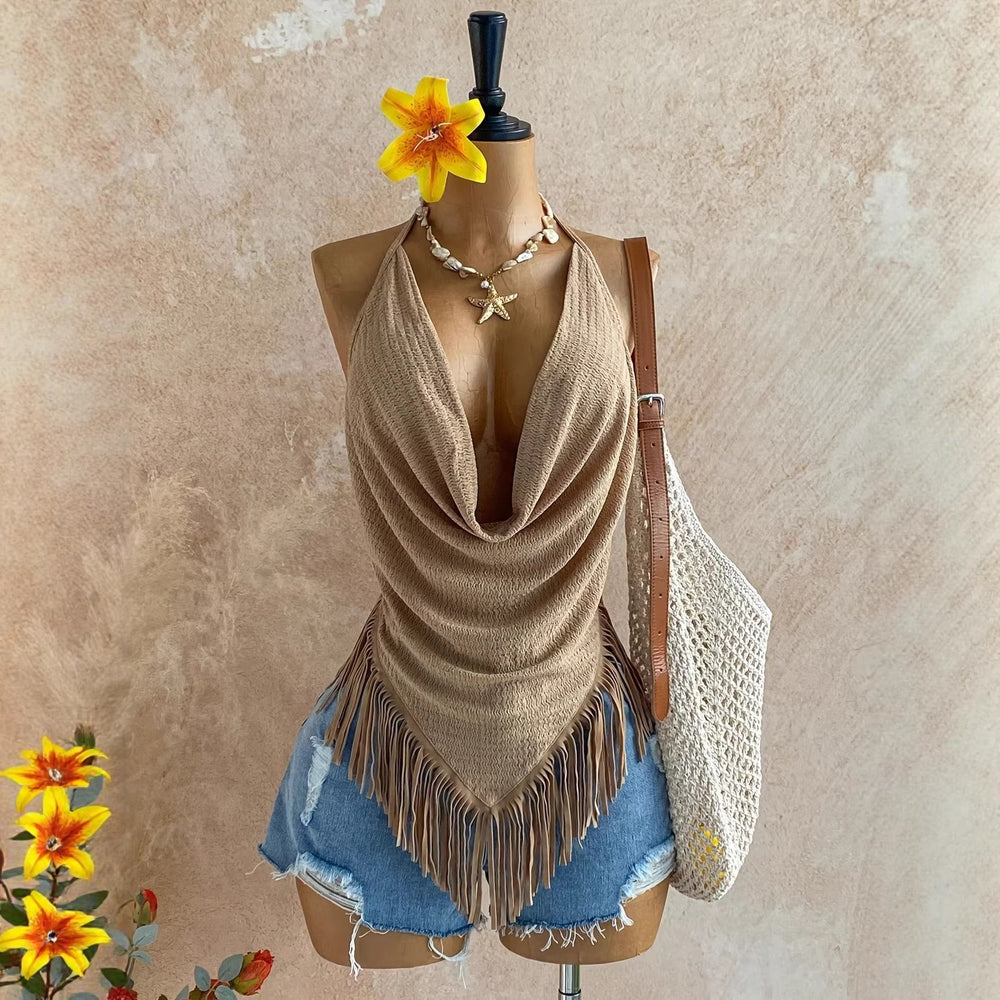 Sexy vacation style design halter neck sleeveless backless tie-up slim fit women's tank top casual