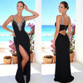 C7781 cross-border  new women's sexy deep v rhinestone evening gown backless slit mermaid tail banquet dress