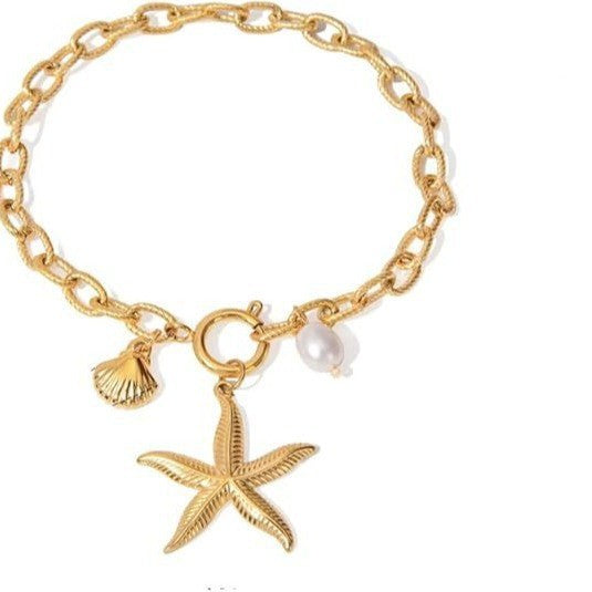 18k gold stainless steel starfish, shell, and seashell bracelet - 2025 european and american summer new ocean series titanium steel bracelet