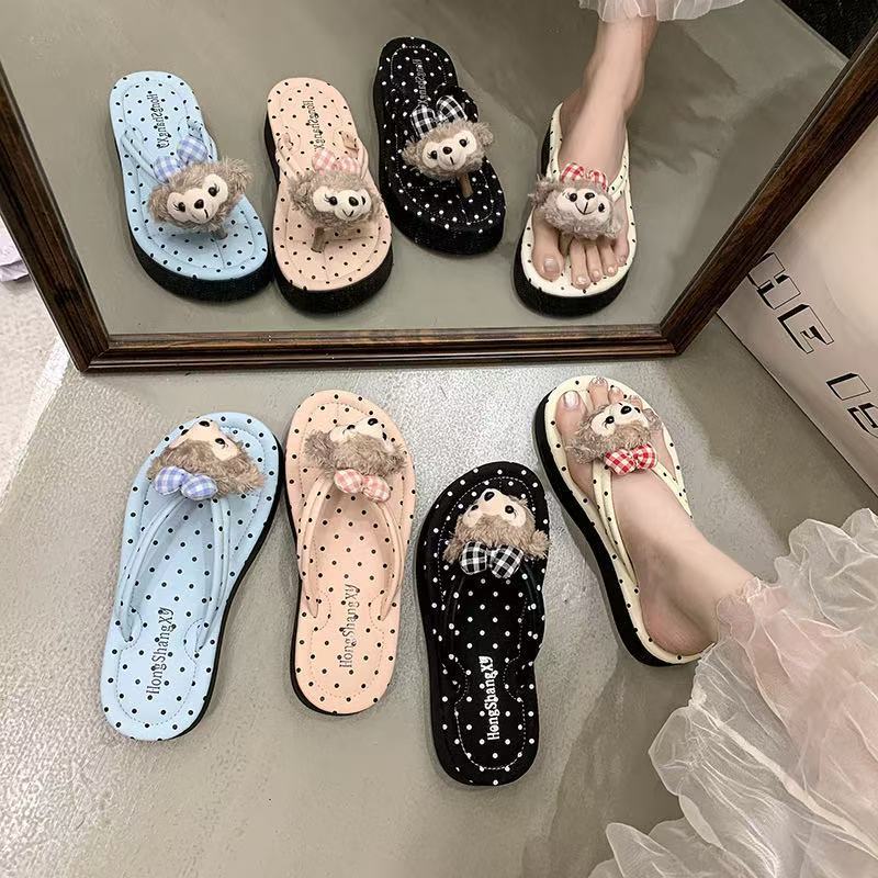 New korean style summer polka dot hot-selling women's outdoor comfortable non-slip soft sole beach thick sole flip-flops