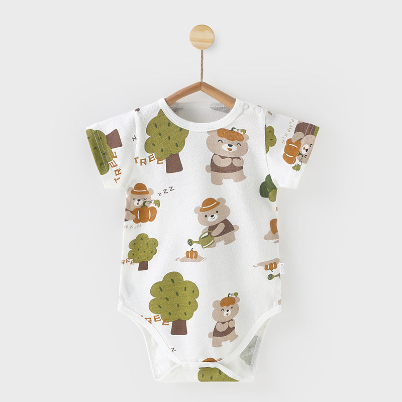 Baby short-sleeved one-piece jumpsuit summer thin khaki newborn pure cotton clothes triangle romper baby
