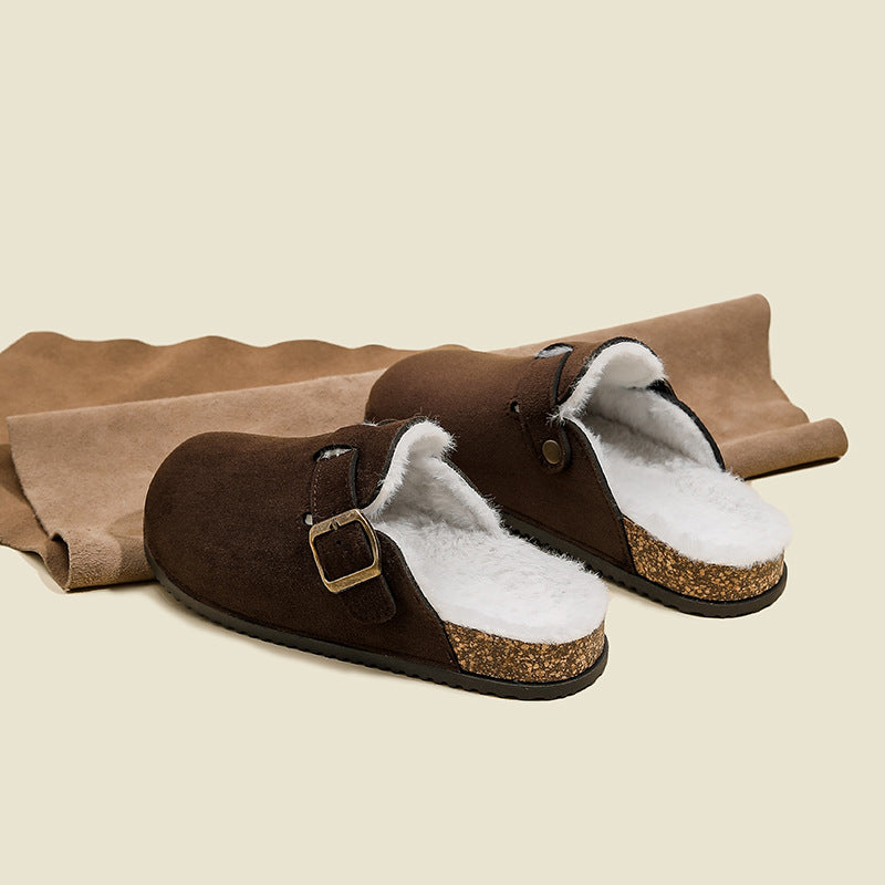 Birkenstock women's 2025 new autumn/winter slip-on warm fleece-lined fuzzy birkenstock shoes, lazy closed-toe half-slipper cotton shoes