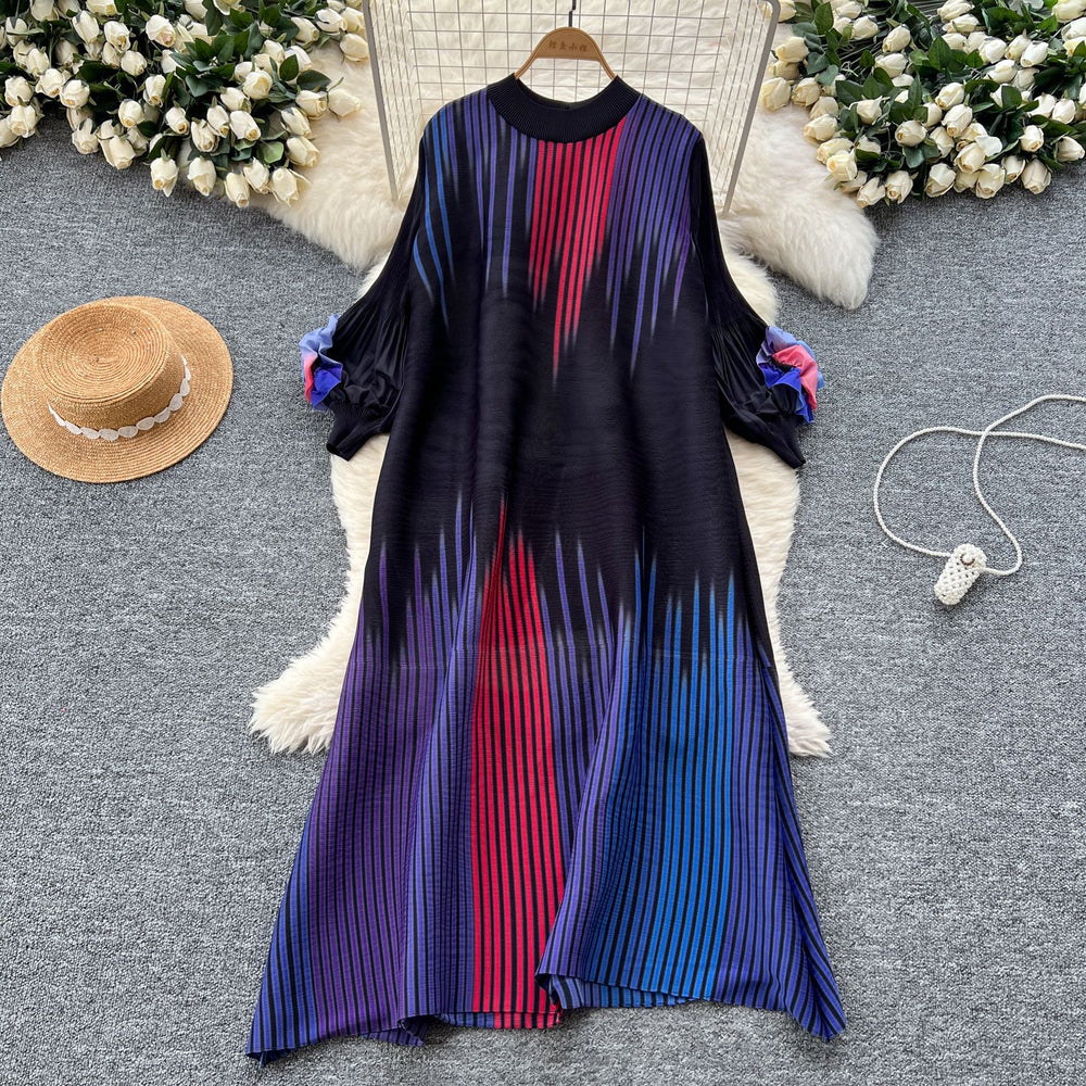 European and american chic gradient print dress - women's loose fit casual 3d floral lantern sleeve pleated maxi dress