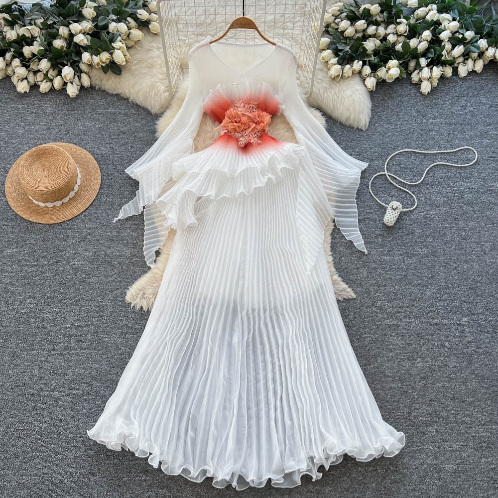 Fairy pleated dress women's summer atmosphere rufflesk-stylehigh waist long skirt whiteelegantpleated skirt