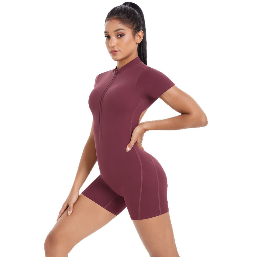 Large backless half open zipper short sleeve yoga jumpsuit dance fitness jumpsuit nude tight sports jumpsuit