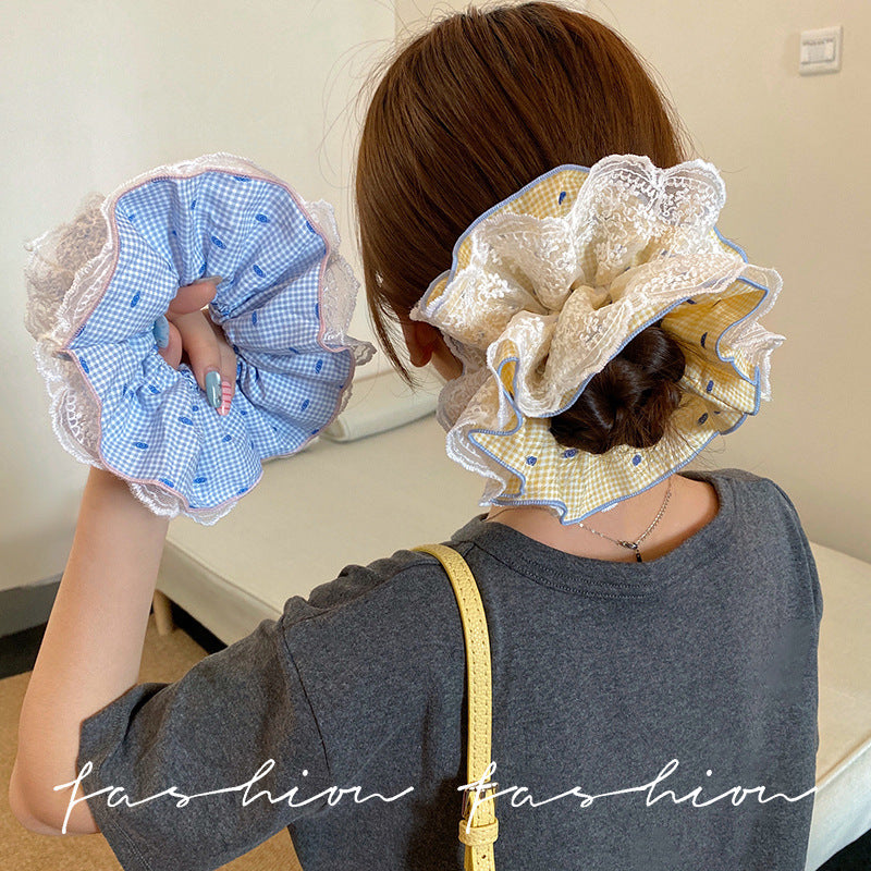 Large yellow floral plaid large intestine hair tie for women 2026new arrival ball hair rope forest style sweet ponytail hair rope