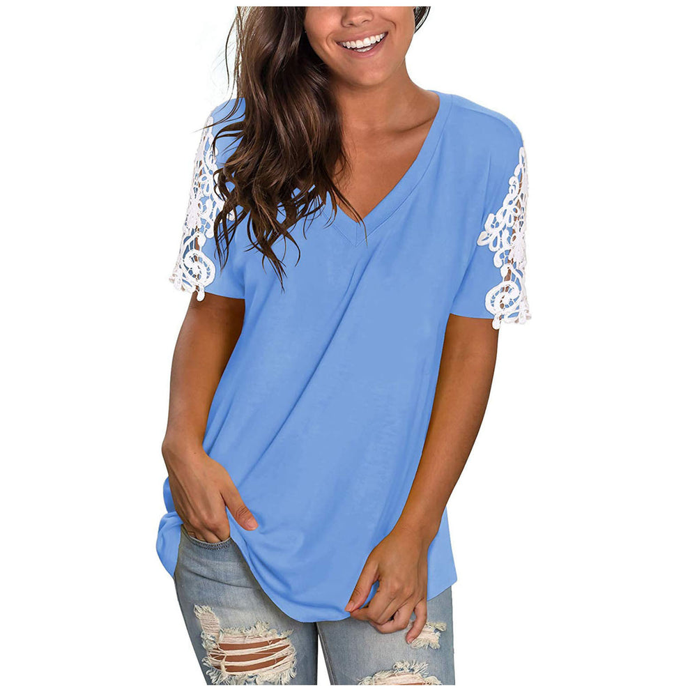 new women's lace short sleeve v-neck t-shirt - relaxed fit casual top with patchwork design