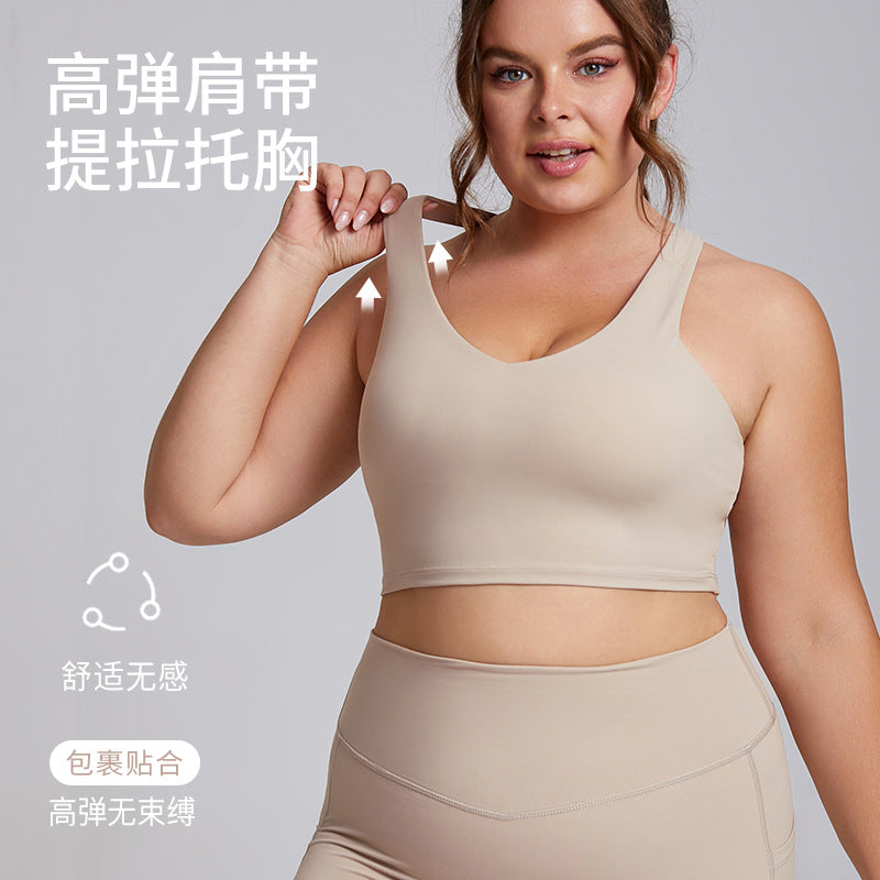European and american plus size sports bra for women, high impact shockproof brushed fabric racerback yoga tank top, high elasticity breathable fitness bra