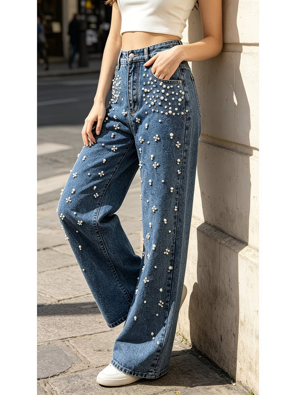 European and american style women's high-waisted wide-leg jeans - beaded, washed, loose-fit, and drapey denim pants for cross-border e-commerce