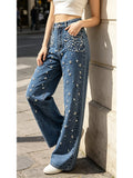 European and american style women's high-waisted wide-leg jeans - beaded, washed, loose-fit, and drapey denim pants for cross-border e-commerce