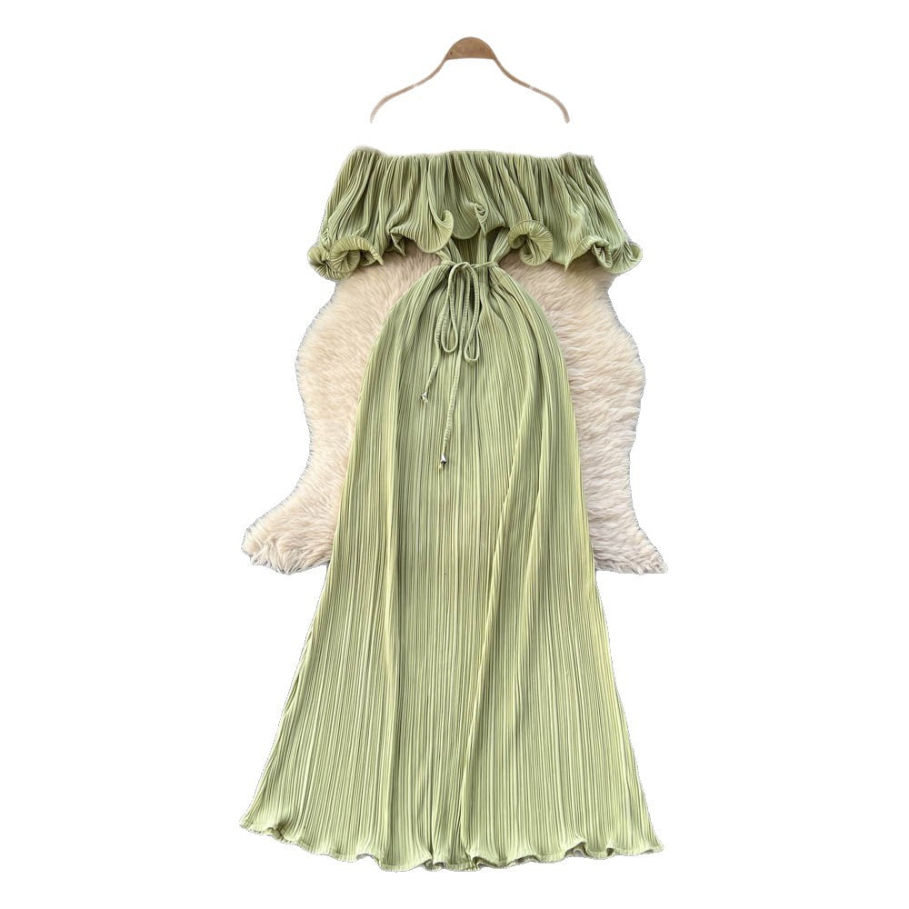 French one-shoulder ruffle tie-up dress - women's summer slimming a-line pleated maxi dress - vacation style