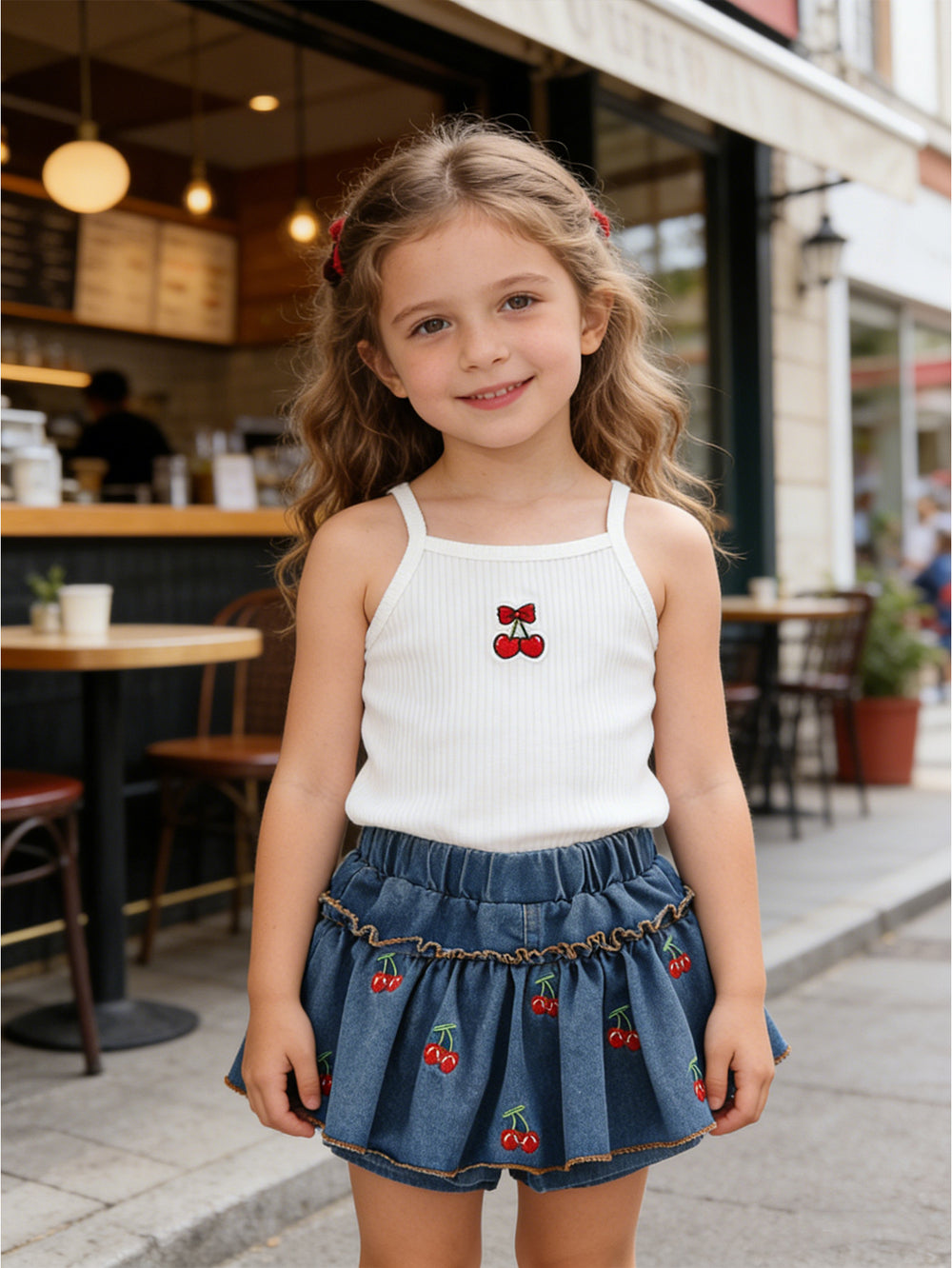 new summer cross-border ruffle trim crew neck top & heavy-duty denim beaded skort set (two-piece)