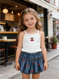 new summer cross-border ruffle trim crew neck top & heavy-duty denim beaded skort set (two-piece)