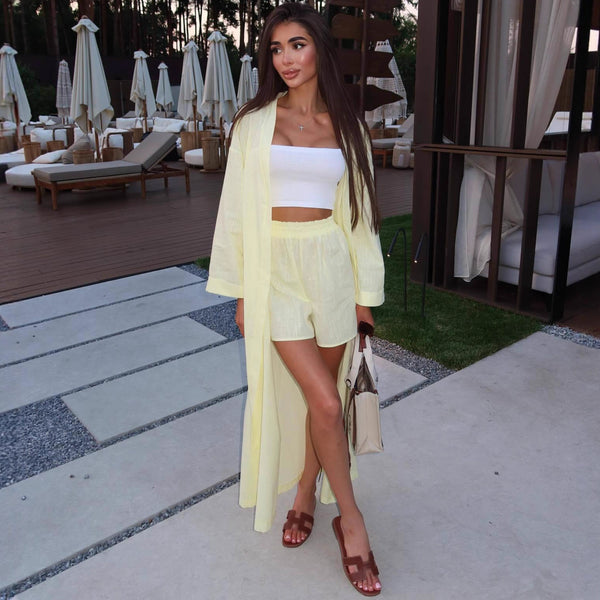 European and American large-size cardigan long shirt women's casual shorts set   fashion new foreign style two-piece set