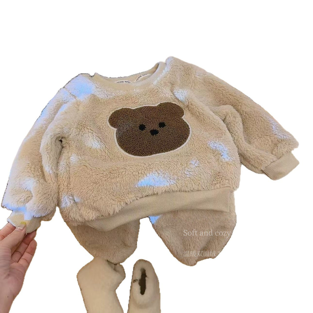 "cute baby outfit" fall and winter boys and girls fleece-linedheattech pajamas cloud velvet kids cute thickened home clothes cotton
