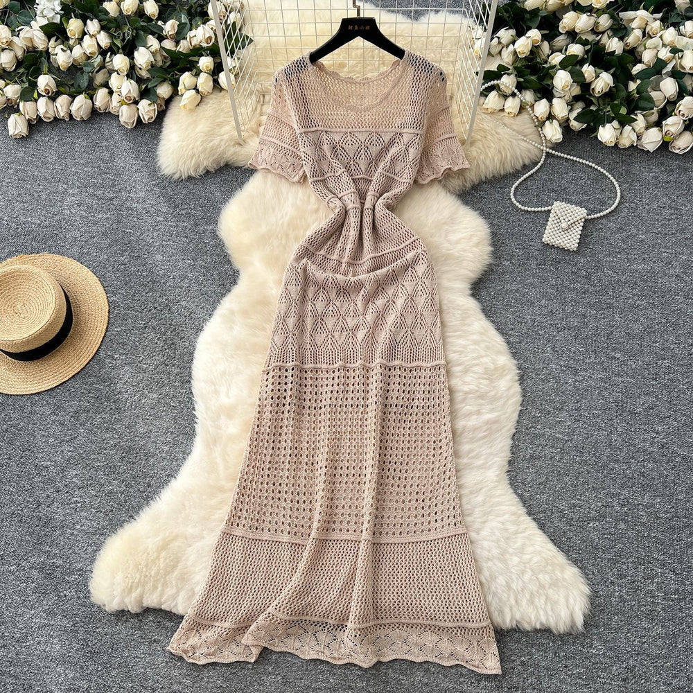Gentle wind elegant round neck short-sleeved cut out crochet knittingdress women's summerfrench waist-reducing age-reducing sweater skirt