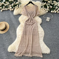 Gentle wind elegant round neck short-sleeved cut out crochet knittingdress women's summerfrench waist-reducing age-reducing sweater skirt