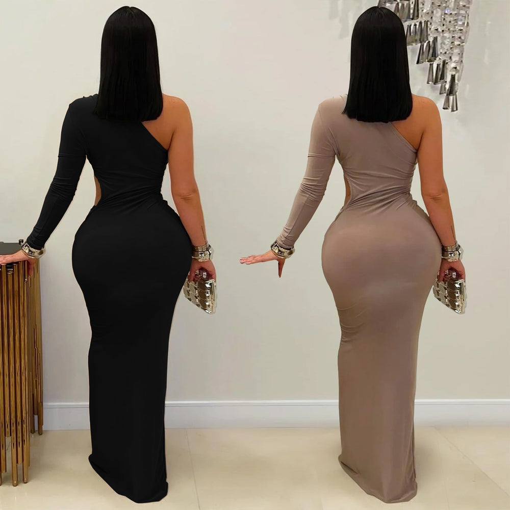 C7543 cross-border   fashion women's sexy one-shoulder sleeveless bodycon solid color dress