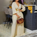 C8468   european and american summer new v-neck sexy tie-up pleated wide-leg plus size foreign trade jumpsuit