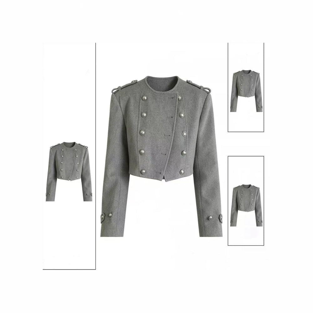 cross-border fashionable and minimalist versatile short chanel-style double-breasted napoleon jacket with round neck