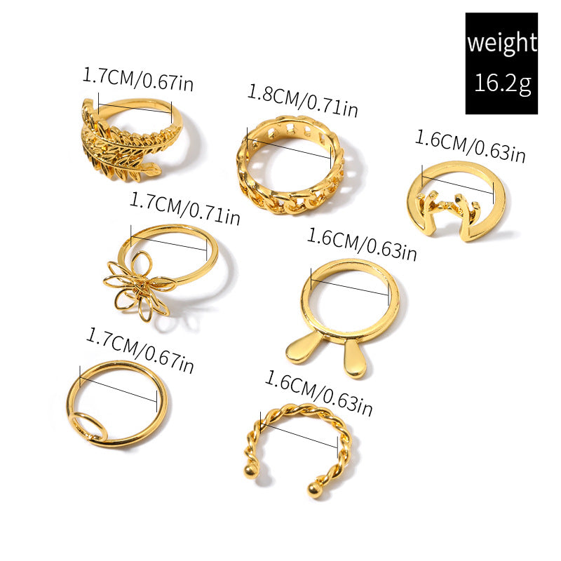 18k ring wholesale european and american cross-border ins style jewelry retro gold leaf flower rabbit horn stacked ring set for women