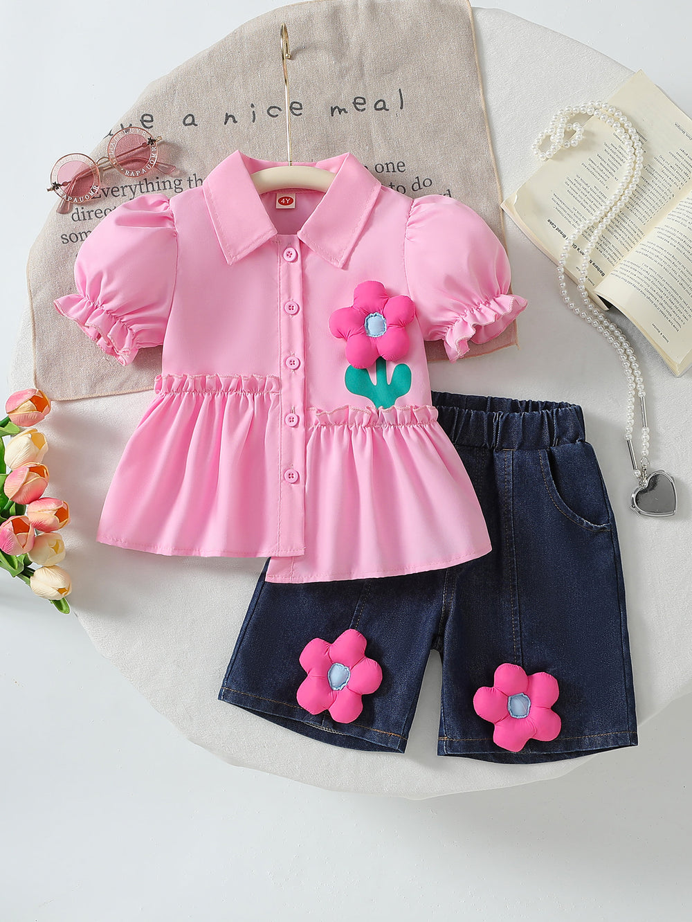 cross-border girl stereo flower shirt skirt + imitation denim mid-pants suit two-piece set